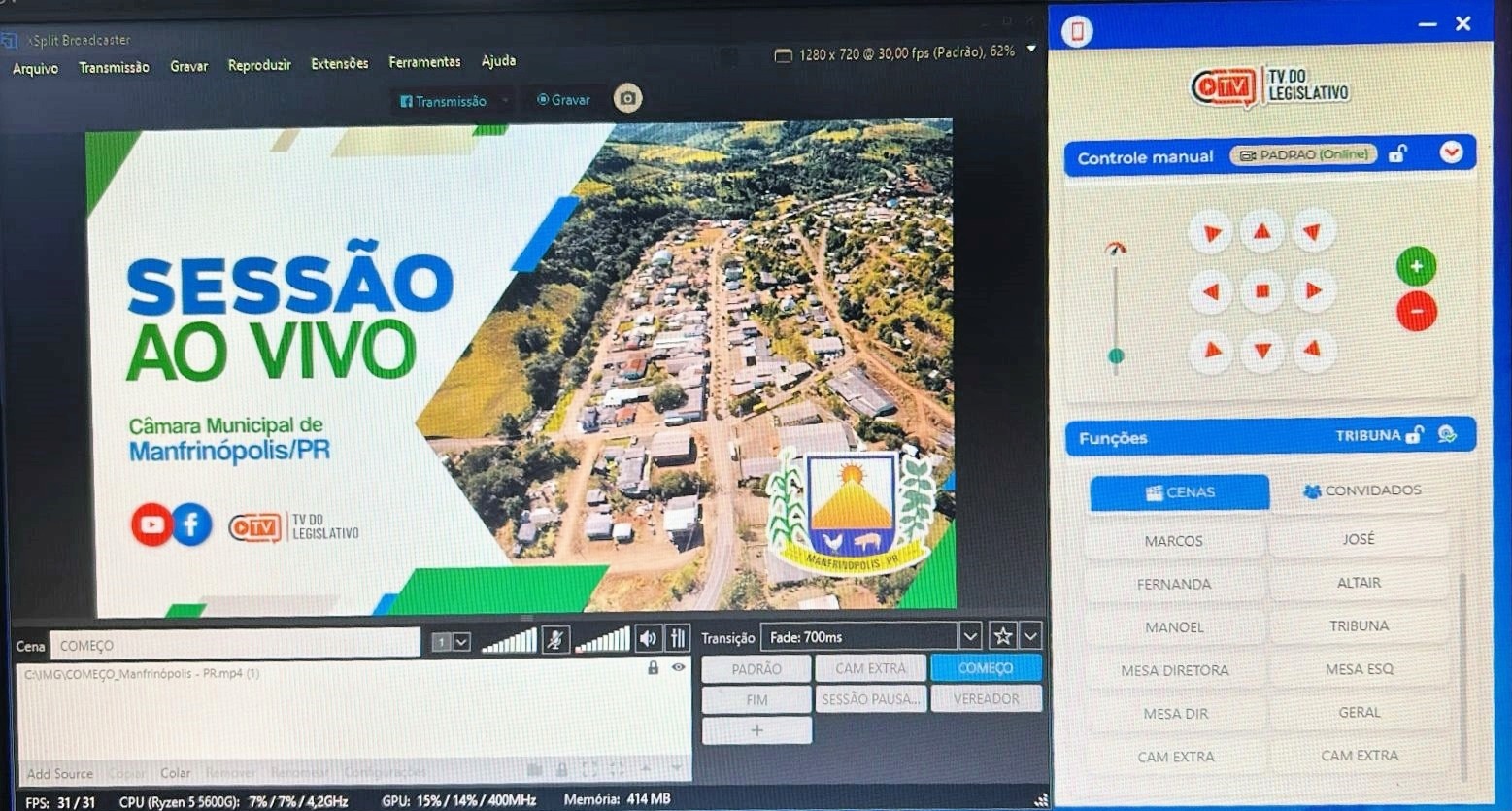 Câmara de Manfrinópolis investe em sistema de filmagem profissional e dá salto histórico em transparência e tecnologia legislativa